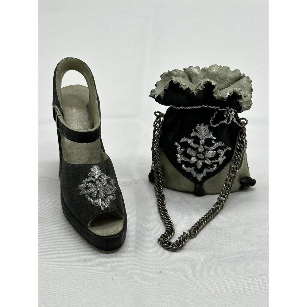 Miniature Black&Green Purse and Shoe Resin Figurines w/chain Strap & Rhinestones